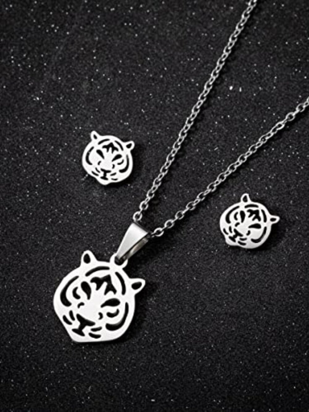 2Pairs Tiger Head Stud Earrings Necklace Set for Women Cute Stainless Steel